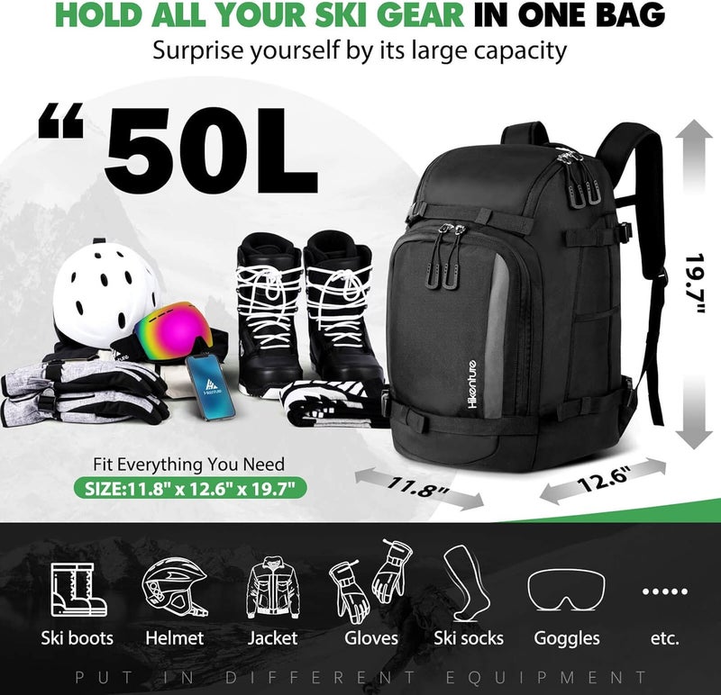 HIKENTURE Ski Boot Bag Backpack, 50L Padded Ski Bag & Snowboard Boot Bag with Drain Holes, Large Capacity Water-Resistant Ski Travel Bag for Ski Boots, Helmet, Goggles, Clothes, Gloves, Snowboard Gear - Image 2